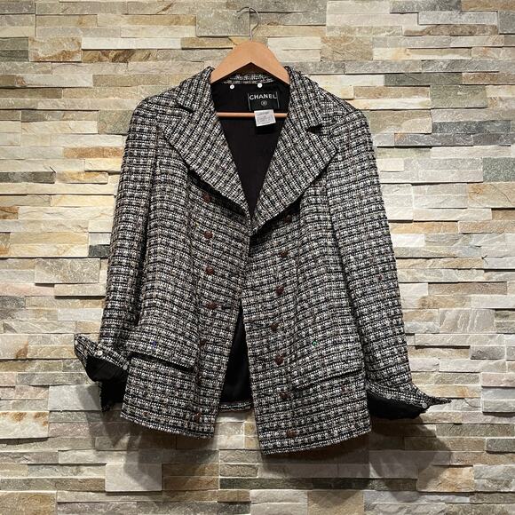 Chanel 05 Black White Plaid Tweed Sequin Jacket FR 40 | Gold Buttons Blazer Rare - Picture 4 of 16